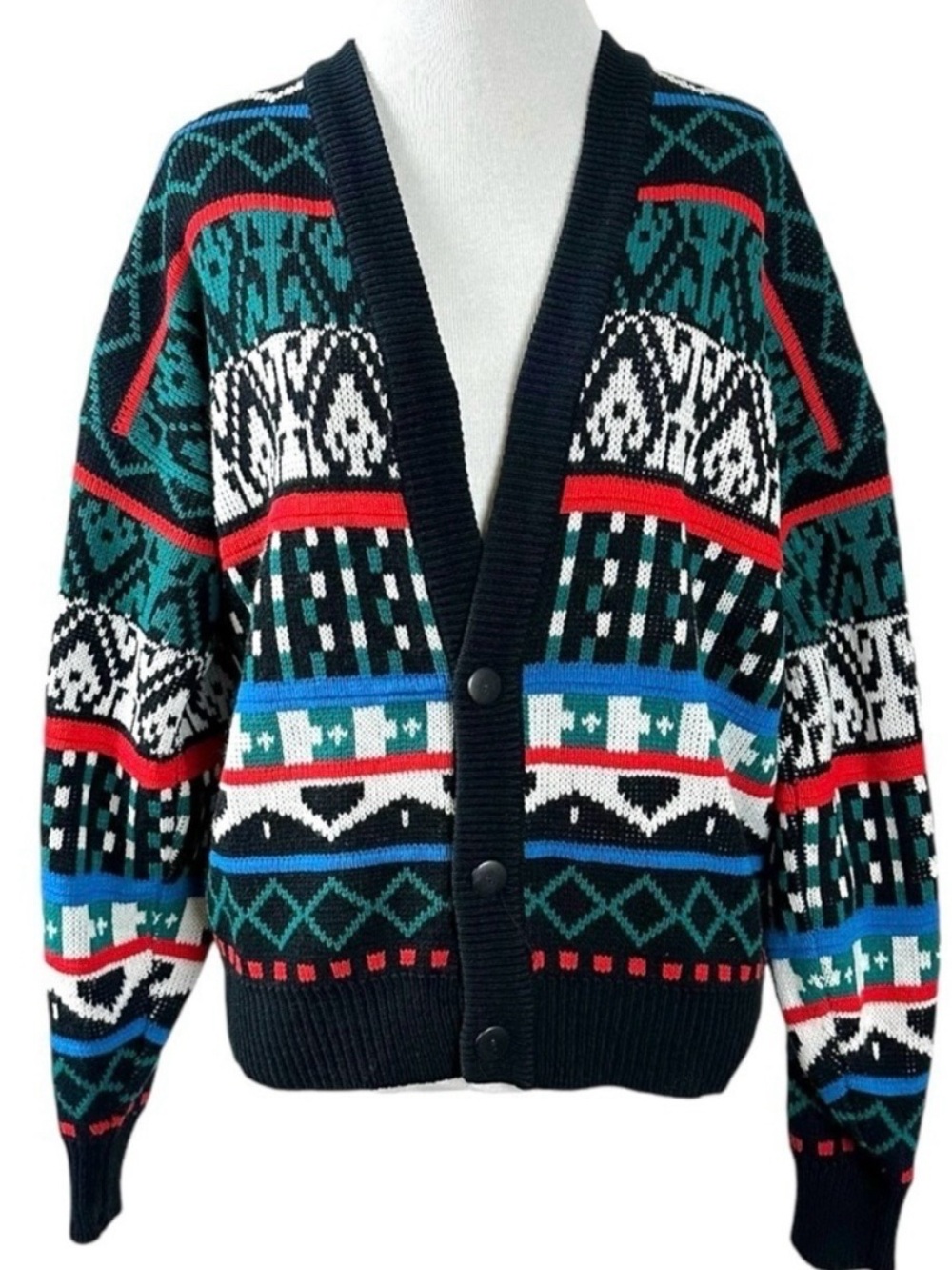 Vintage 70s Sasson Fair Isle V Neck Cardigan Sweater Oo La La Small Retro